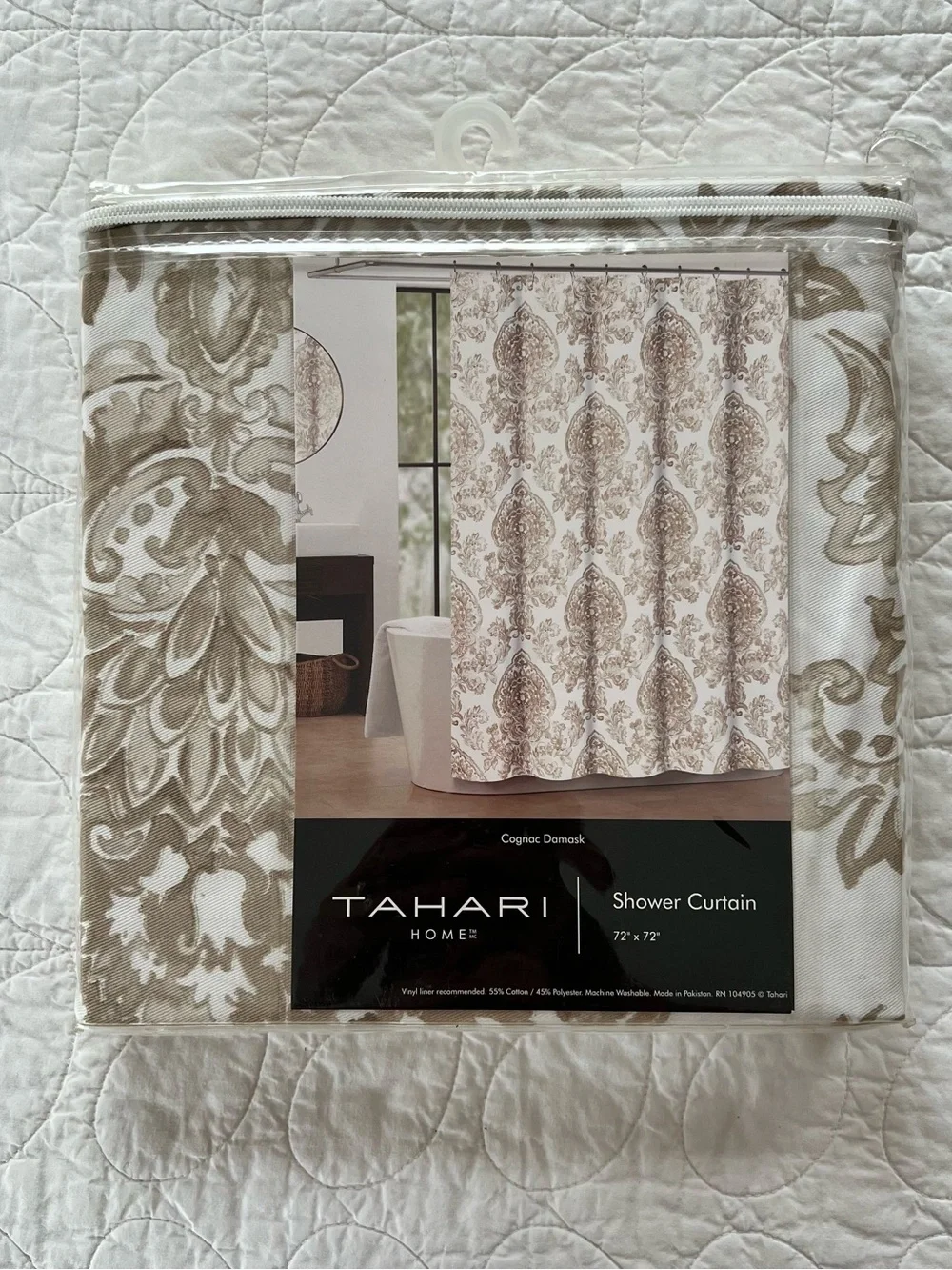 NEW Tahari Home Beige & White Damask Shower Curtain Elegant Bohemian